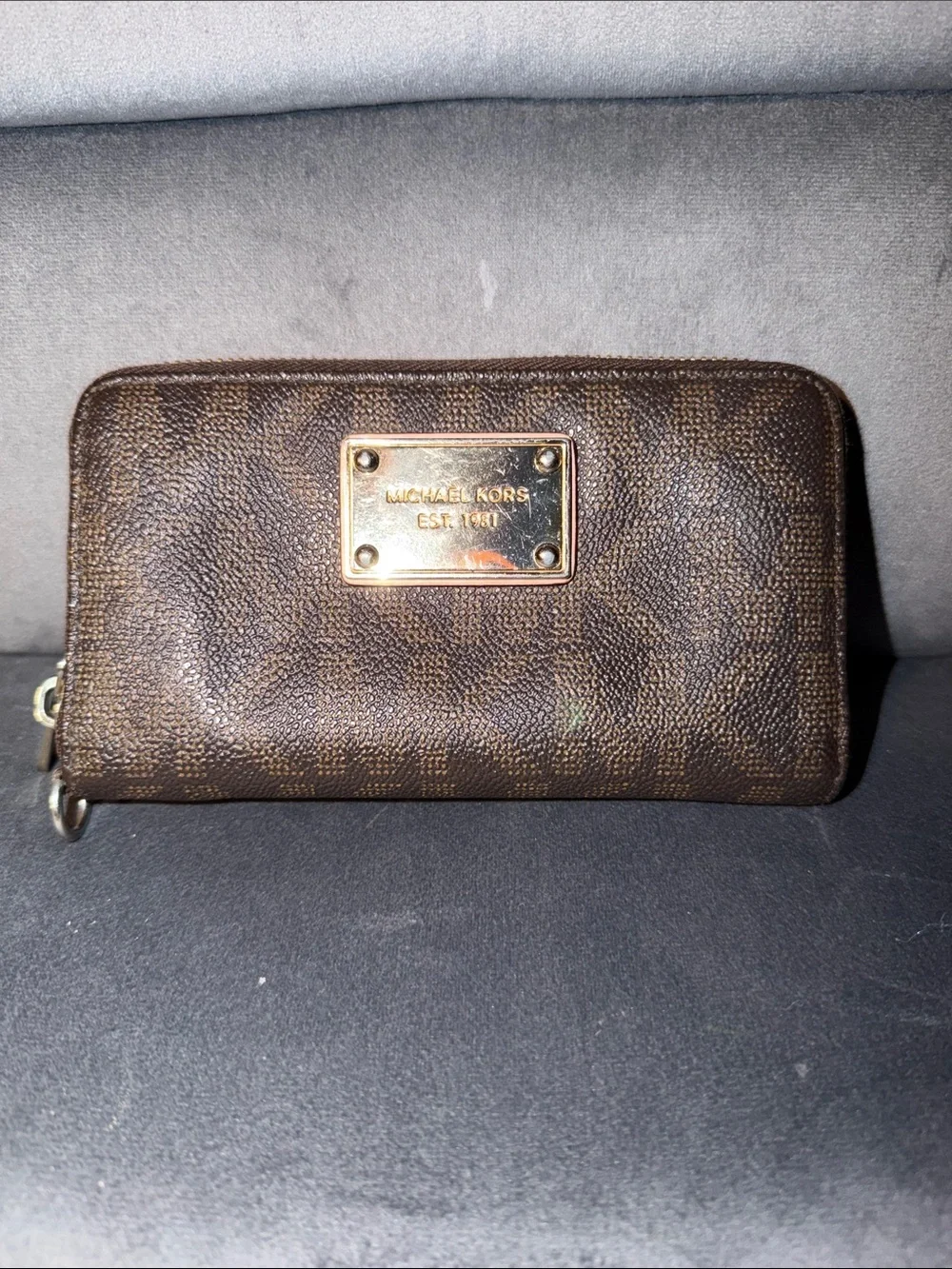 Michael Kors Dark Brown Signature Zip Wallet with Gold Plaque